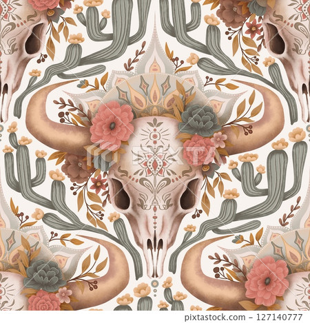Bull skull seamless pattern with flower art and boho mandala design. Muted green and beige on the white background in western style. Perfect for wallpaper textile fabric fashion and ethnic ornament. Bull skull seamless pattern with flower art and boho mandala design. Muted green and beige on the white background in western style. Perfect for wallpaper textile fabric fashion and ethnic ornament. 127140777