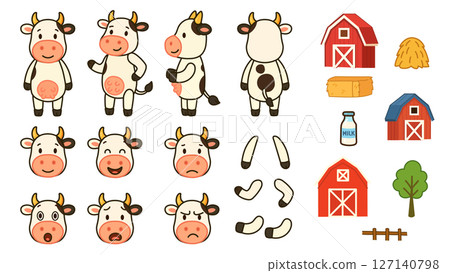 A set of cartoon characters, a spotted cow with a facial expression and farm items. Great for animation, children's books, farm-themed illustrations, and designer kits. 127140798