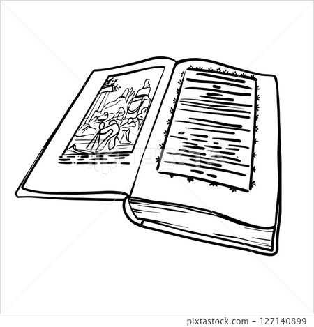 Black and white line drawing of an open book. Vector illustration of open book in sketch style. Hand-drawn vector design elements. Vintage literature in outline drawing. A book is with open pages Black and white line drawing of an open book. Vector illustration of open book in sketch style. Hand-drawn vector design elements. Vintage literature in outline drawing. A book is with open pages 127140899