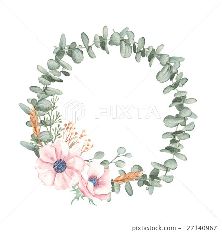 Watercolor Anemone and Eucalyptus branches wreath. Rustic greenery. Hand drawn botanical art isolated on white background. For stationery, invitations, save the date, wedding or greeting cards. 127140967