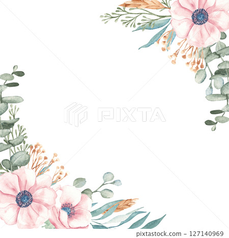 Anemone Corner square Frame with Eucalyptus Branches, Dry yellow Tansy and Spikelets of Wheat or Rye. Watercolor Hand drawn floral illustration isolated on a background. For greeting cards, wedding 127140969
