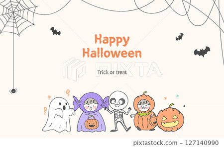Illustration of children's characters and spider webs dressed in costumes for Halloween 127140990