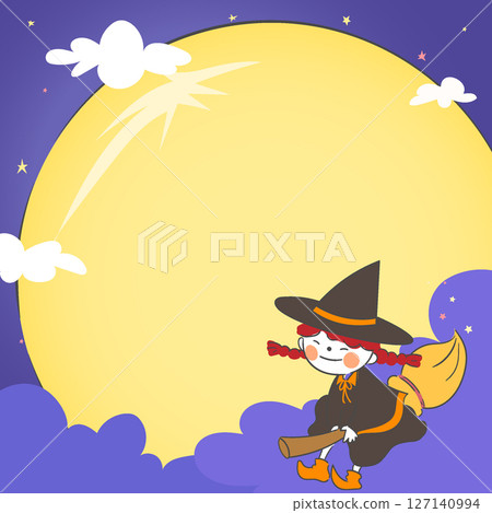 Halloween Day illustration with a witch flying in the sky on a broomstick on a full moon night 127140994