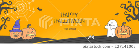 Halloween Day horizontal banner illustration with pumpkins and ghosts 127141005