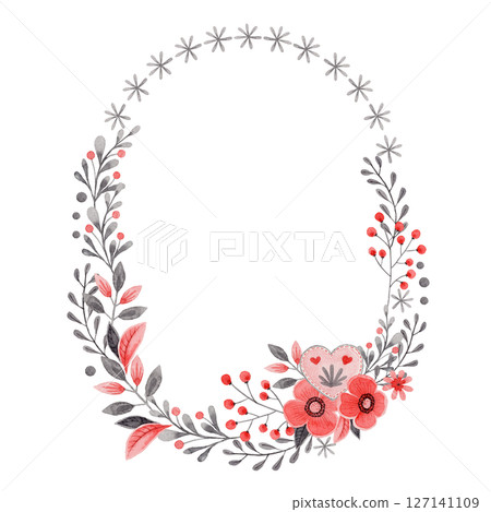 Oval wreath with brunch and flower in folk style. Stylized illustration in red and gray colors for wedding invitation creating. Hand drawn composition is perfect for romantic and love card design. 127141109