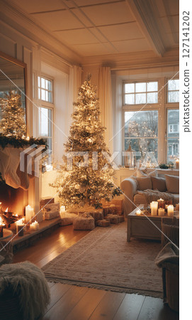 A warm room surrounded by Christmas trees and lights 127141202