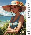 A woman wearing a straw hat 127141264