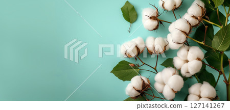 Cotton branch with white bolls and green leaves in the light turquoise background with copy space. Banner for eco blogs; bed linen, home textile, and lingerie stores Cotton branch with white bolls and green leaves in the light turquoise background with copy space. Banner for eco blogs; bed linen, home textile, and lingerie stores 127141267