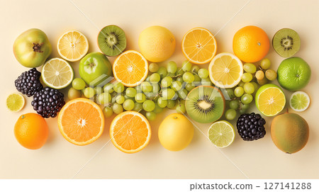 Assorted fruits an berries on a light yellow backdrop, top view. Colourful summer food banner 127141288
