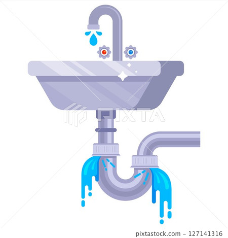 Water leak from broken sink pipe in bathroom in flat design. 127141316