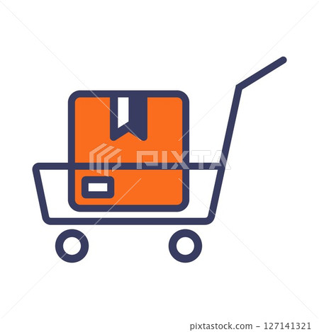 Black icon trolley transporting cardboard box. Black icon trolley transporting cardboard box. 127141321