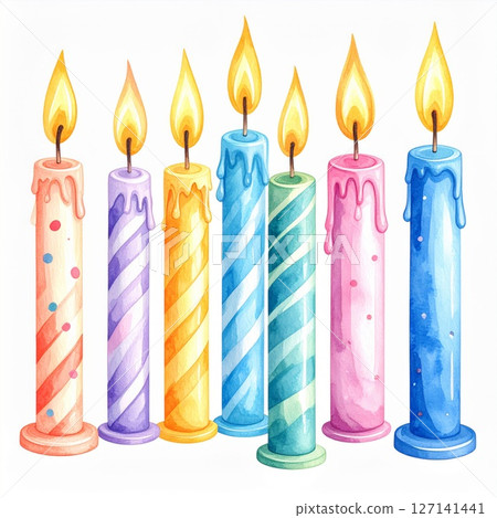 Colorful Watercolor Birthday Candles with Pastel Stripes and Dots Colorful Watercolor Birthday Candles with Pastel Stripes and Dots 127141441