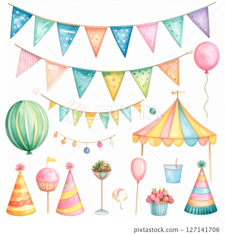 Pastel Watercolor Party Decorations Illustration 127141706