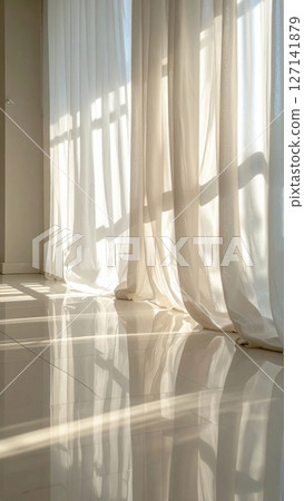 Sunlight Streaming Through Sheer White Curtains in a Bright Room 127141879