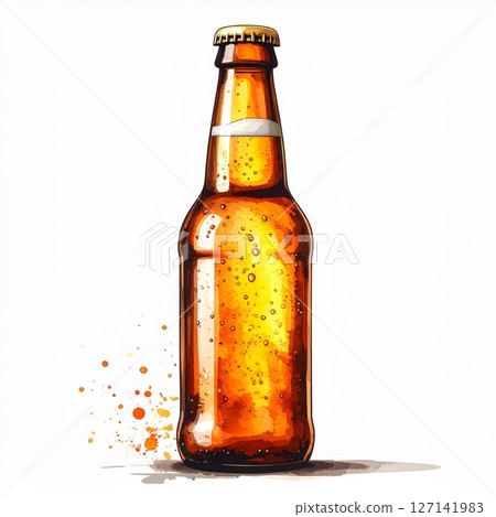Amber Beer Bottle with Water Droplets on White Background 127141983
