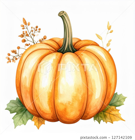 Orange Pumpkin with Autumn Leaves Watercolor Illustration Orange Pumpkin with Autumn Leaves Watercolor Illustration 127142109