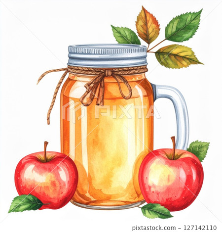 Watercolor Illustration of Apple Cider in a Mason Jar 127142110