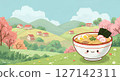 Cute illustration of Japanese spring scenery and ramen 127142311