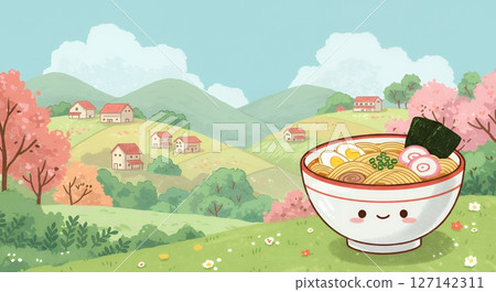 日本春景與拉麵的可愛插圖 127142311