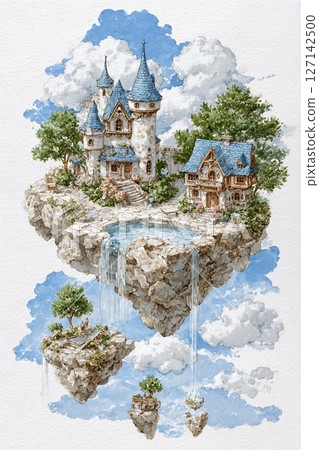 Fairytale houses and castles floating above the clouds 127142500