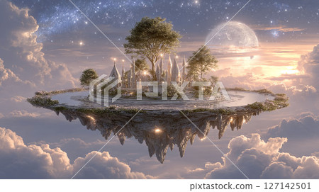 A sanctuary and fantasy city in the sky surrounded by the moon and stars 127142501