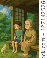 Grandchild and grandmother on the veranda in summer 127142526