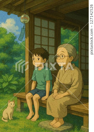 Grandchild and grandmother on the veranda in summer 127142526
