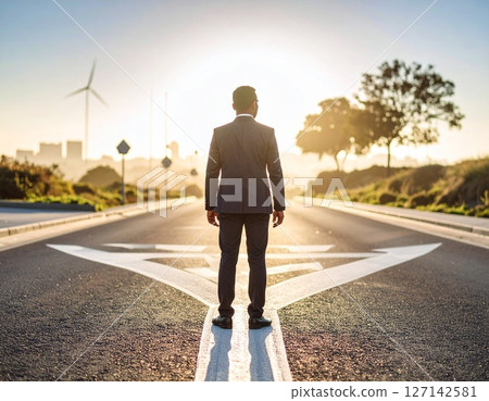Illustration of a businessman at a crossroads in life 127142581
