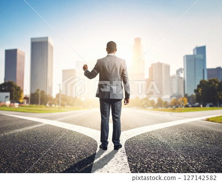 Illustration of a businessman at a crossroads in life 127142582