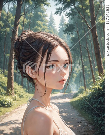 Woman walking in the forest 127142635
