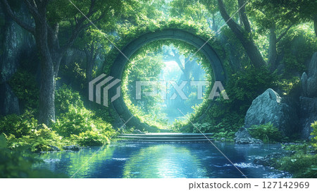 綠色森林中的神秘門戶和水邊 綠色森林中的神秘門戶和水邊 127142969