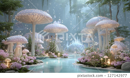 一片充滿奇幻色彩的異世界森林，兩旁長滿了發光的蘑菇 127142977