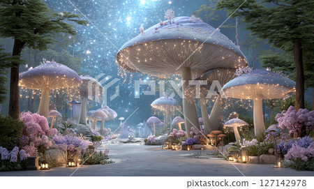 An otherworldly space woven with light mushrooms and starry skies 127142978