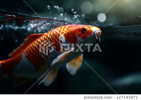 A vibrant red koi glides through deep blue water, its elegant fins trailing like silk in motion A vibrant red koi glides through deep blue water, its elegant fins trailing like silk in motion 127143071