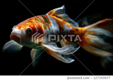 Close up of a orange color koi with copper hues floats calmly 127143077