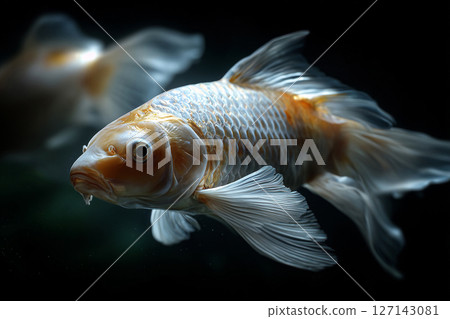 Close up of white orange koi fish in clear water. Fish and water concept Close up of white orange koi fish in clear water. Fish and water concept 127143081