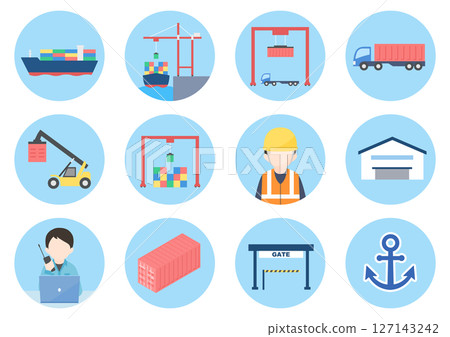 Set of icons related to work in a container terminal Set of icons related to work in a container terminal 127143242