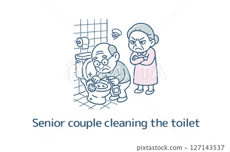 Grandpa cleaning the toilet and grandma watching over it 127143537