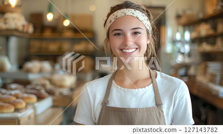 在麵包店工作的年輕白人女性 127143782