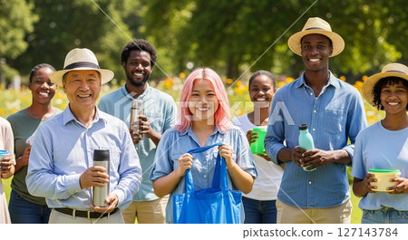 保護地球的環保生活:自備瓶子和環保袋的人們聚集在一起 保護地球的環保生活:自備瓶子和環保袋的人們聚集在一起 127143784