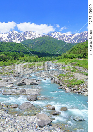 View of the Northern Alps in early summer from Hakuba Bridge View of the Northern Alps in early summer from Hakuba Bridge 127143949