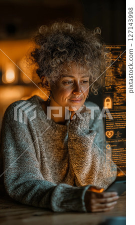 A female engineer looking at her smartphone in the office at night 127143998