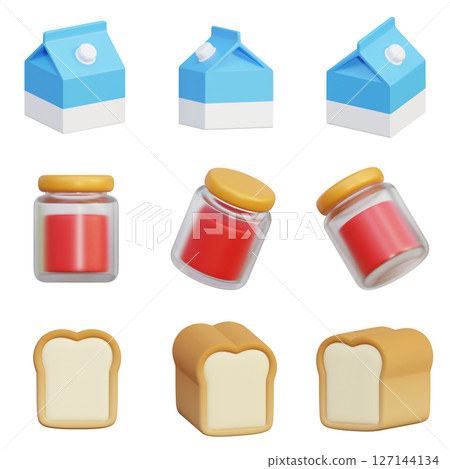 Milk Strawberry Jam Bread 3D Icon Set 127144134