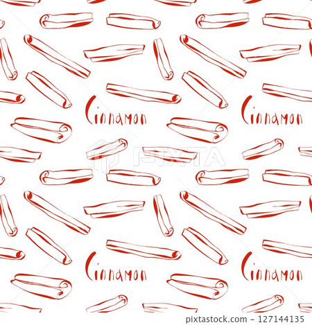 seamless cinnamon spice pattern with red hand drawn sticks and handwritten text on white background in sketch style seamless cinnamon spice pattern with red hand drawn sticks and handwritten text on white background in sketch style 127144135