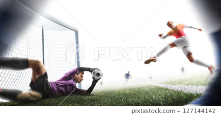 Soccer action game. Isolated. Soccer players playing with ball. Powerful blow. The goalkeeper catches the ball. Soccer players in action. White background Soccer action game. Isolated. Soccer players playing with ball. Powerful blow. The goalkeeper catches the ball. Soccer players in action. White background 127144142