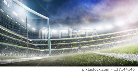 Beautiful professional football stadium. Football goals. Large sports arena. Professional sports advertising background with lights, fans and flags Beautiful professional football stadium. Football goals. Large sports arena. Professional sports advertising background with lights, fans and flags 127144146