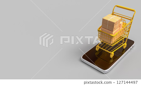 The Shopping cart on mobile for online concept 3d Rendering. The Shopping cart on mobile for online concept 3d Rendering. 127144497