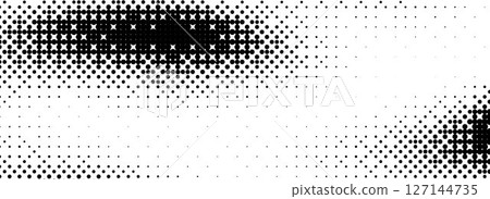 Pixelated bitmap texture cover. Black dithered pattern wallpaper. Abstract glitch gradient pattern. Wide rasterized halftone screen backdrop. 8 bit video game background. Vector overlay 127144735