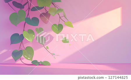 粉紅色牆壁上有心形葉子的背景 127144825