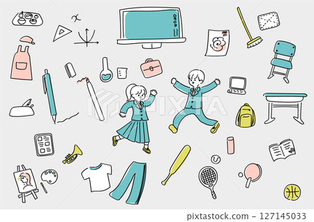 為國中和高中學生設置的學校生活圖標,手繪風格插圖 為國中和高中學生設置的學校生活圖標,手繪風格插圖 127145033